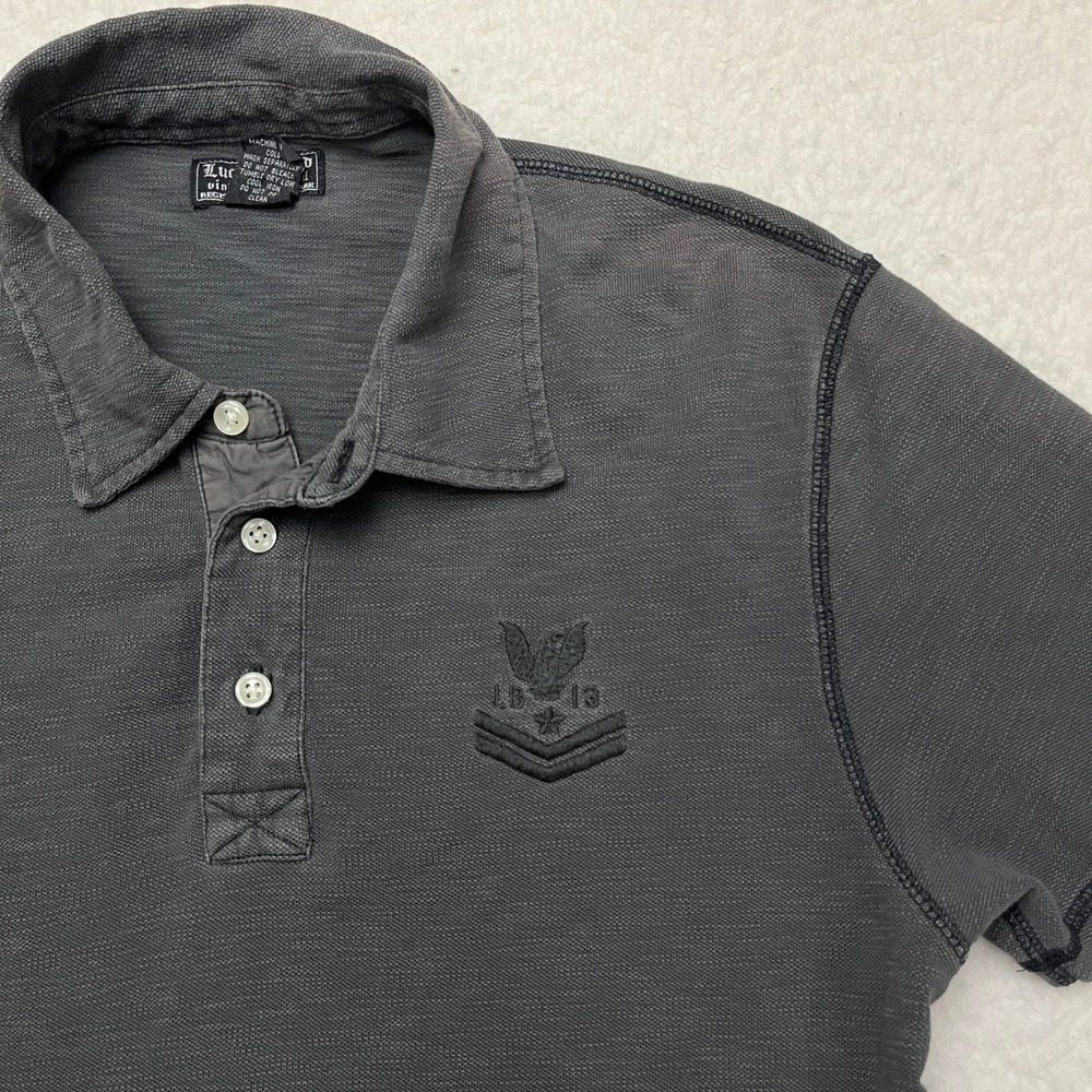 Lucky Brand Polo Shirt Mens Small Black Vintage Inspired Embroidered Eagle Crest